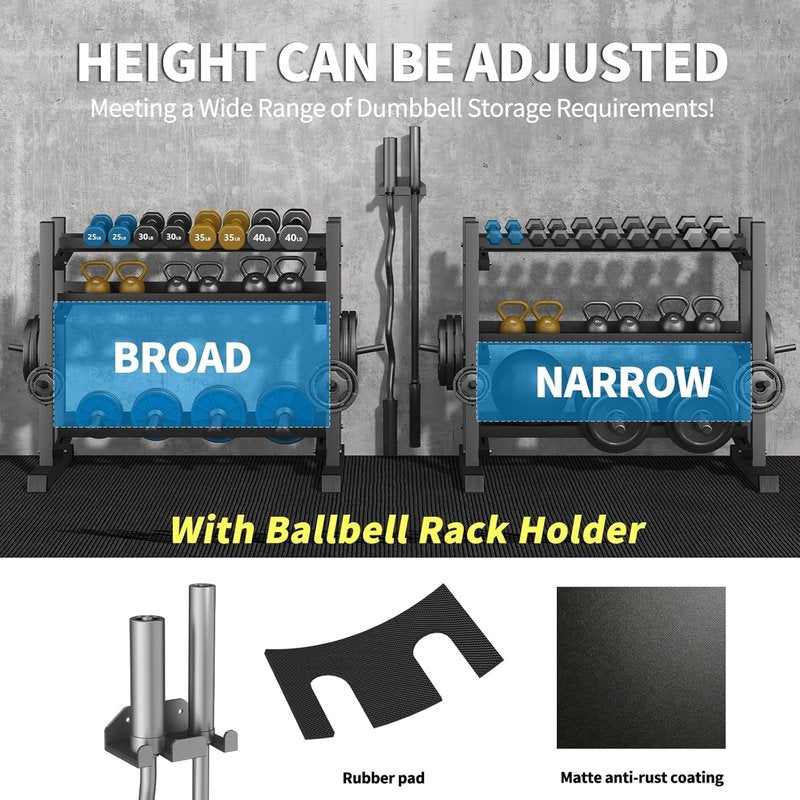 3-Tier Professional Dumbbell Rack, Commercial Grade Dumbbell Storage Rack,1800LB Capacity with Barbell Holder, Adjustable Heavy-Duty Weight Rack for Home Gym, Weight Stand for Dumbbells, Kettlebells & Weight Plates (Rack Only)