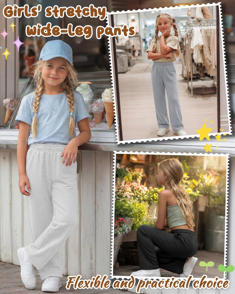 LessonZoo 3 Pack Girls Wide Leg Sweatpants Kids Lightweight Joggers Open Bottom Baggy Pants Athletic with Pockets(Black, Light Heather Gray, Light Gray,13-14 Years)
