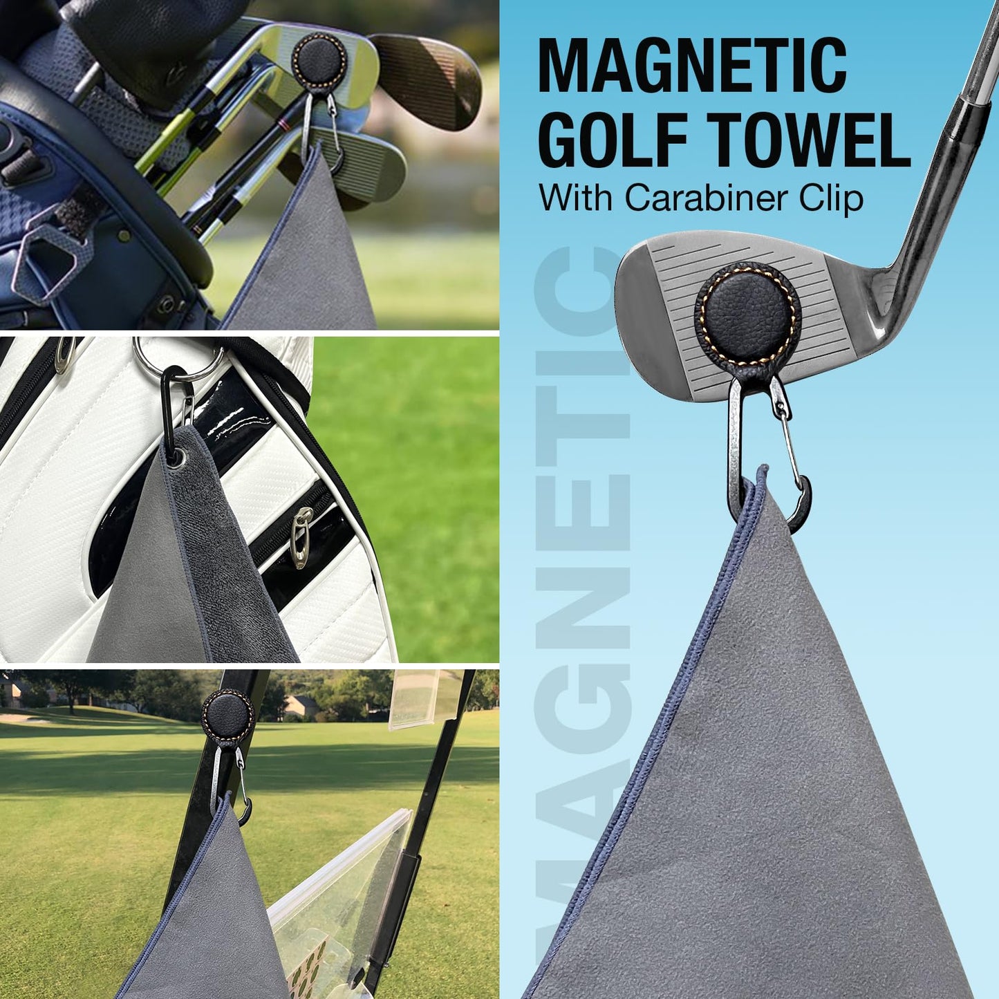 Gismelio Magnetic Golf Towel | Double-Sided Coral Velvet Thickened Towel (Grey, 2Pcs with Carabiner Clip & Magnet)