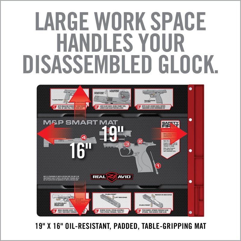 Real Avid Gun Cleaning Mat for Smith & Wesson M&P Handgun with Magnetic Organizer Parts Tray - 19x16 | Protective Workbench Mat for M&P Pistol Cleaning, Gun Cleaning Pad with Red Tray for Gun Parts
