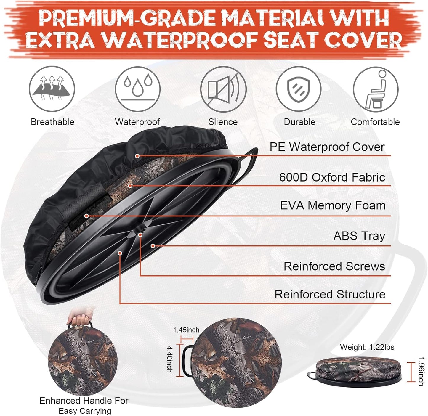 WarBull 5 Gallon Bucket Seat - 360-Degree Swivel Foam Cushion with Waterproof Cover for Hunting, Fishing & Camping
