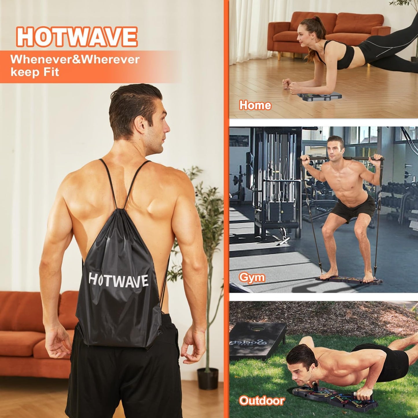 HOTWAVE Portable Workout Equipment with 20 Gym Accessories, Push Up Board &Plank Trainer, Resistance Bands with Ab Wheel, Exercise at Home For Men and Women