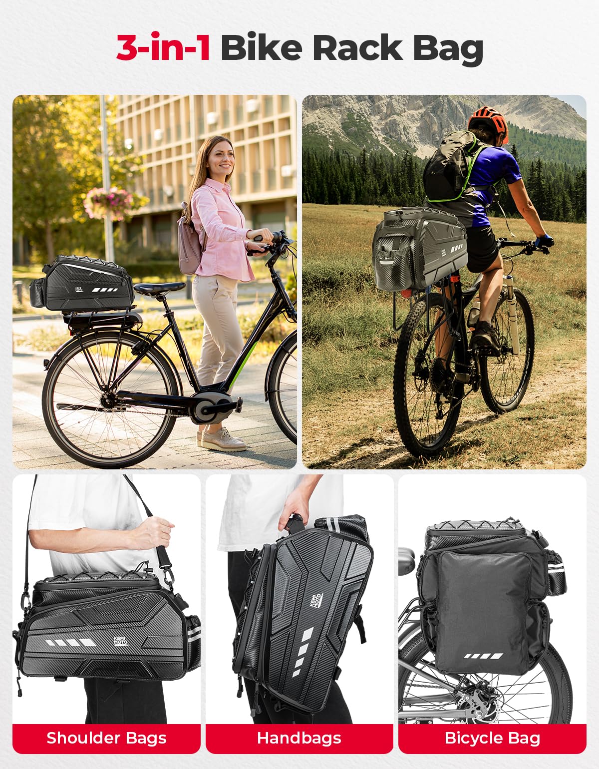 KEMIMOTO Bike Rear Bag, 11L/20L/40L EVA Hard Shell with Waterproof Cover, Bicycle Trunk with Shoulder Strap for Commuter Travel Outdoor