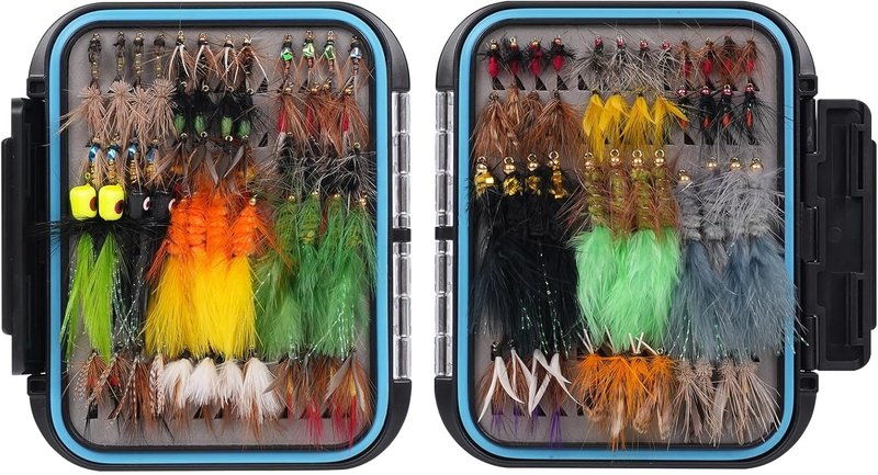 Fly Fishing Flies Assortment Kit - 64/108pcs for Trout & Bass | Waterproof Fly Box Included