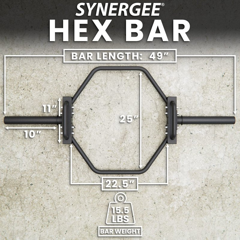 Synergee 7kg Black Olympic Hex Barbell Trap Bar with Standard Height Handles for Squats, Deadlifts, Shrugs and Power Pulls. 49” Long Bar with 10” Sleeve.