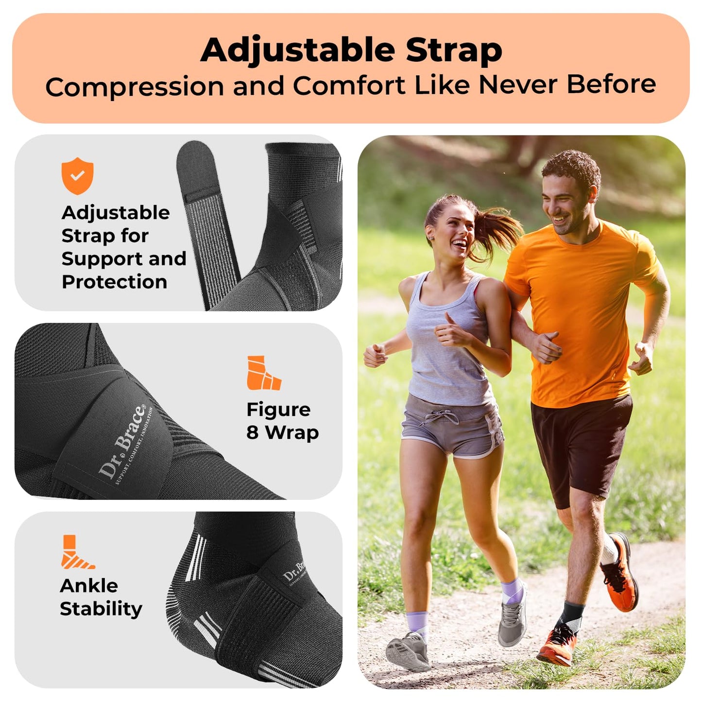 DR. BRACE® Elite Ankle Brace with Adjustable Strap and 2X Gel Pad For Ankle Support and Pain Relief, Ankle Brace For Sprained Ankle, Plantar Fasciitis, Ankle Pain (Black-White, X-Large)