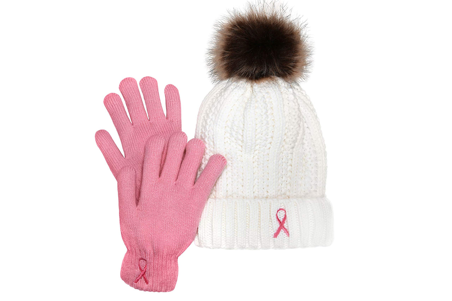 Women’s Winter Set, Knitted Beanie with Pompom and Gloves, Pink Ribbon Breast Cancer Awareness (White Beanie and Pink Gloves)