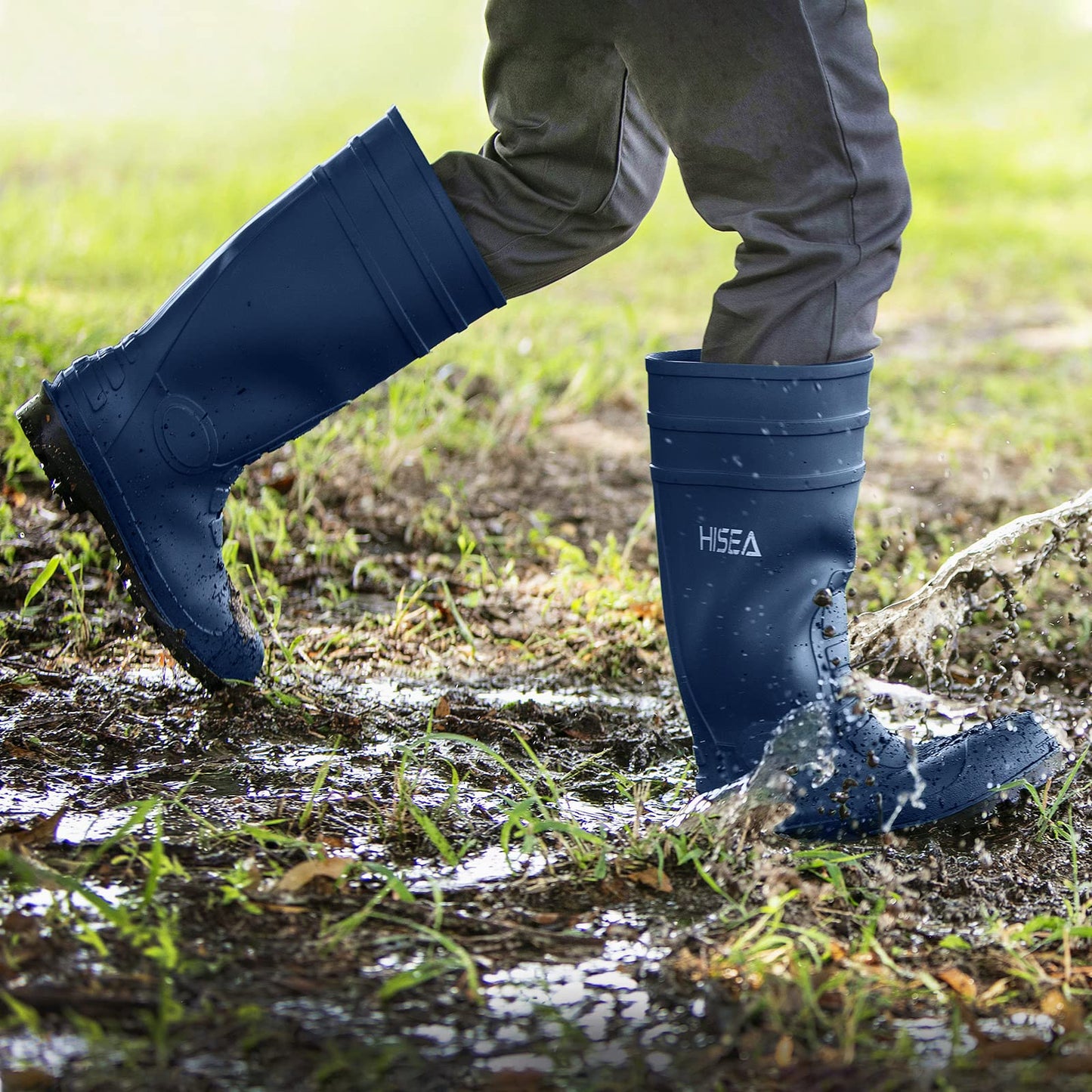 HISEA Men's Steel Toe Rain Boots PVC Rubber Boots, Waterproof Garden Fishing Outdoor Work Boots, Durable Slip Resistant Knee Boots for Agriculture and Industrial Working, Black Size 10