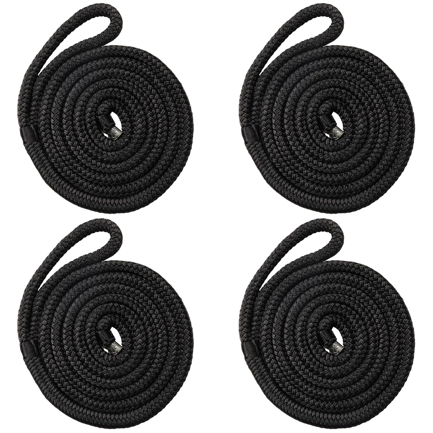 HOKINETY Boat Dock Fender Lines - 1/2" x 10ft Marine Rope with Pre-Spliced 6" Loop Double Braided Nylon Ropes Bumper Tie Mooring Line for Boats Docking Pontoon Boating Accessories - 4 Pack Black