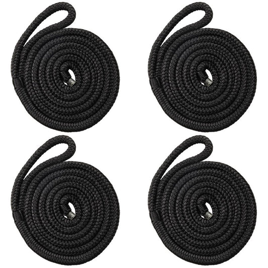 HOKINETY Boat Dock Fender Lines - 1/2" x 10ft Marine Rope with Pre-Spliced 6" Loop Double Braided Nylon Ropes Bumper Tie Mooring Line for Boats Docking Pontoon Boating Accessories - 4 Pack Black