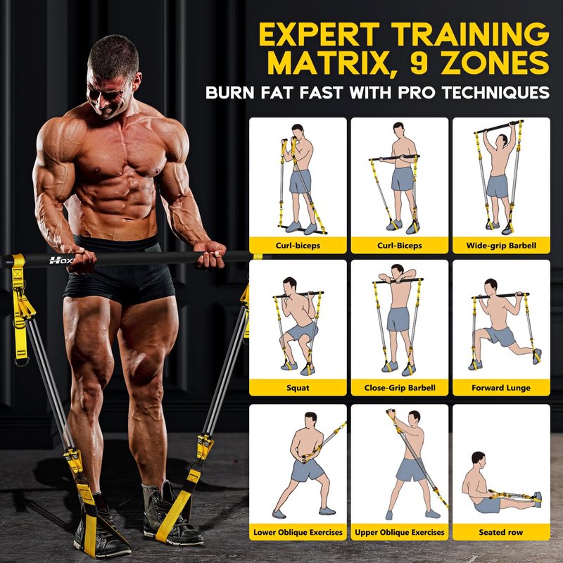HOXWC Heavy Pilates Equipment, Portable Pilates Bar Kit with Resistance Bands, Professional Adjustable Squat Workout Equipment for Men, Home Gym Muscle Strength Training, Full Body Exercise