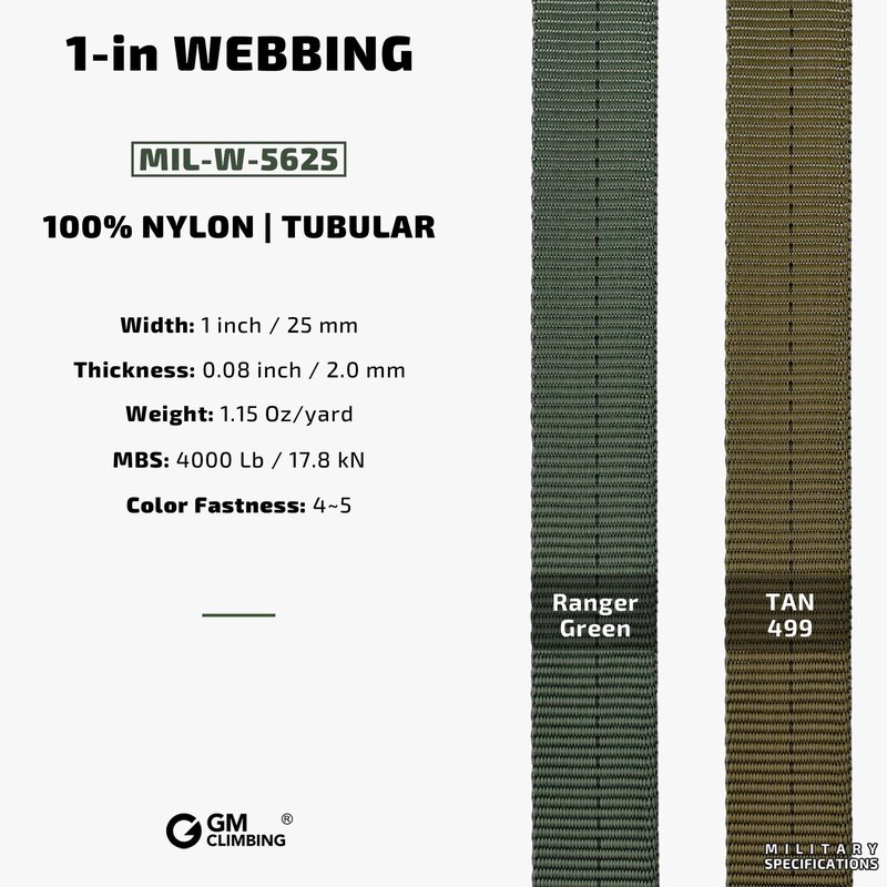 GM CLIMBING 1 inch MIL-W-5625 Nylon Tubular Webbing Milspecs 4000Lbs Durable for Outdoor Tactical Parachute Rescue Survival Tie Down 1 inch x 30Ft / 10 Yards Tan 499