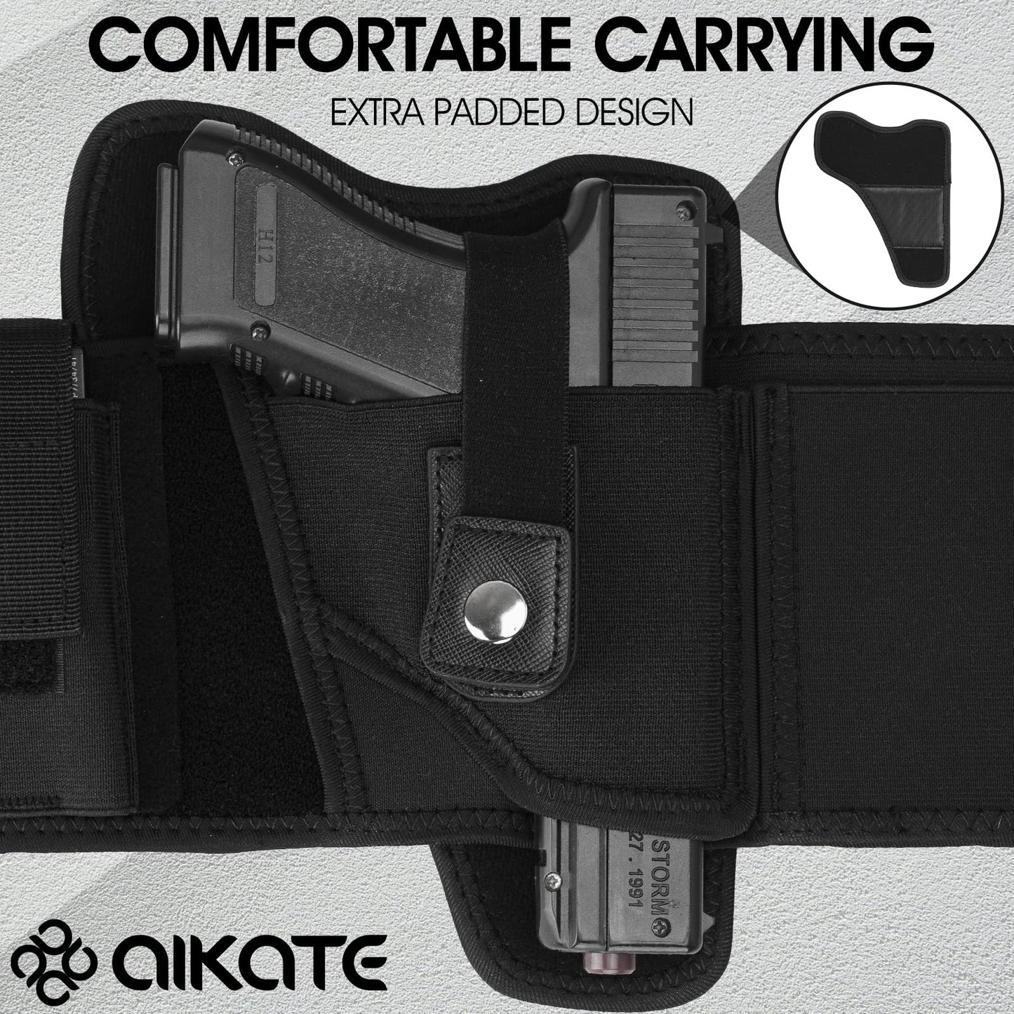 AIKATE Upgraded Belly Band Holster for Concealed Carry, Deep Concealment Gun Holster for Men, Waistband Holsters Fits for Glock 19, 17, M&P Shield 9MM Most Pistols (Fits Belly Up to 55", Right)