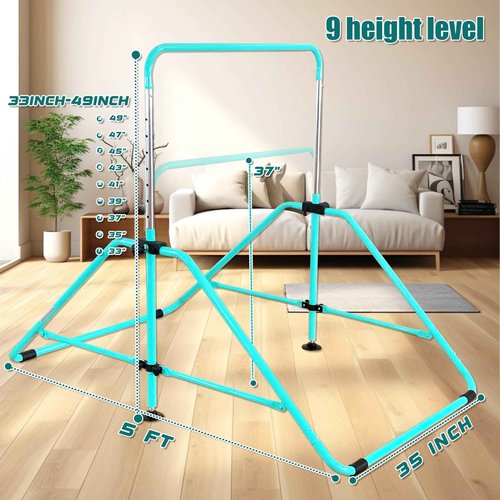 MARFULA Foldable Gymnastic Bar for Kids Ages 3-9, 9 Height Levels, 200 lbs Weight Capacity, 5 Ft Length Gymnastic Kip Bar with Mat, Gymnastic Equipment for Home and Gym Center Indoor Outdoor Use