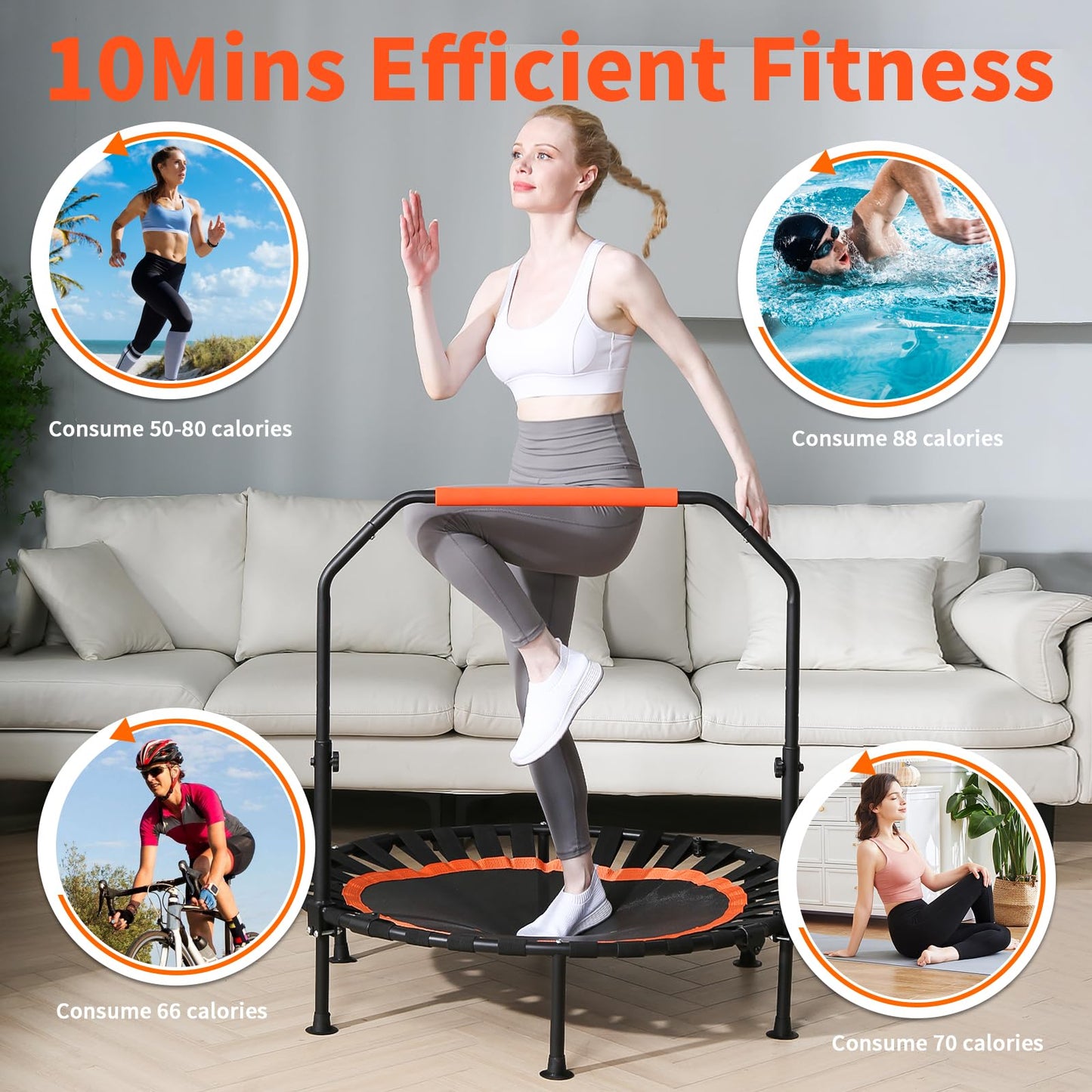 40"/48" Foldable Mini Trampoline Load 450lbs,Portable Exercise Rebounder Trampoline with Adjustable Foam Handle,Fitness Trampoline for Adults and Kids (48 in with handrail)