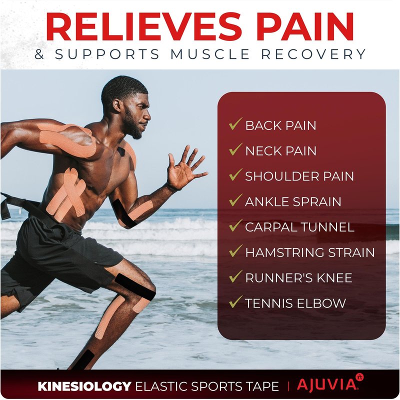 AJUVIA Synthetic Kinesiology Tape, 2 Rolls, 10% Bonus, 40 + 4 Precut Strips, Lasts up to 14 Days, Hypoallergenic and Waterproof K Tape for Muscle Pain Relief and Joint Support