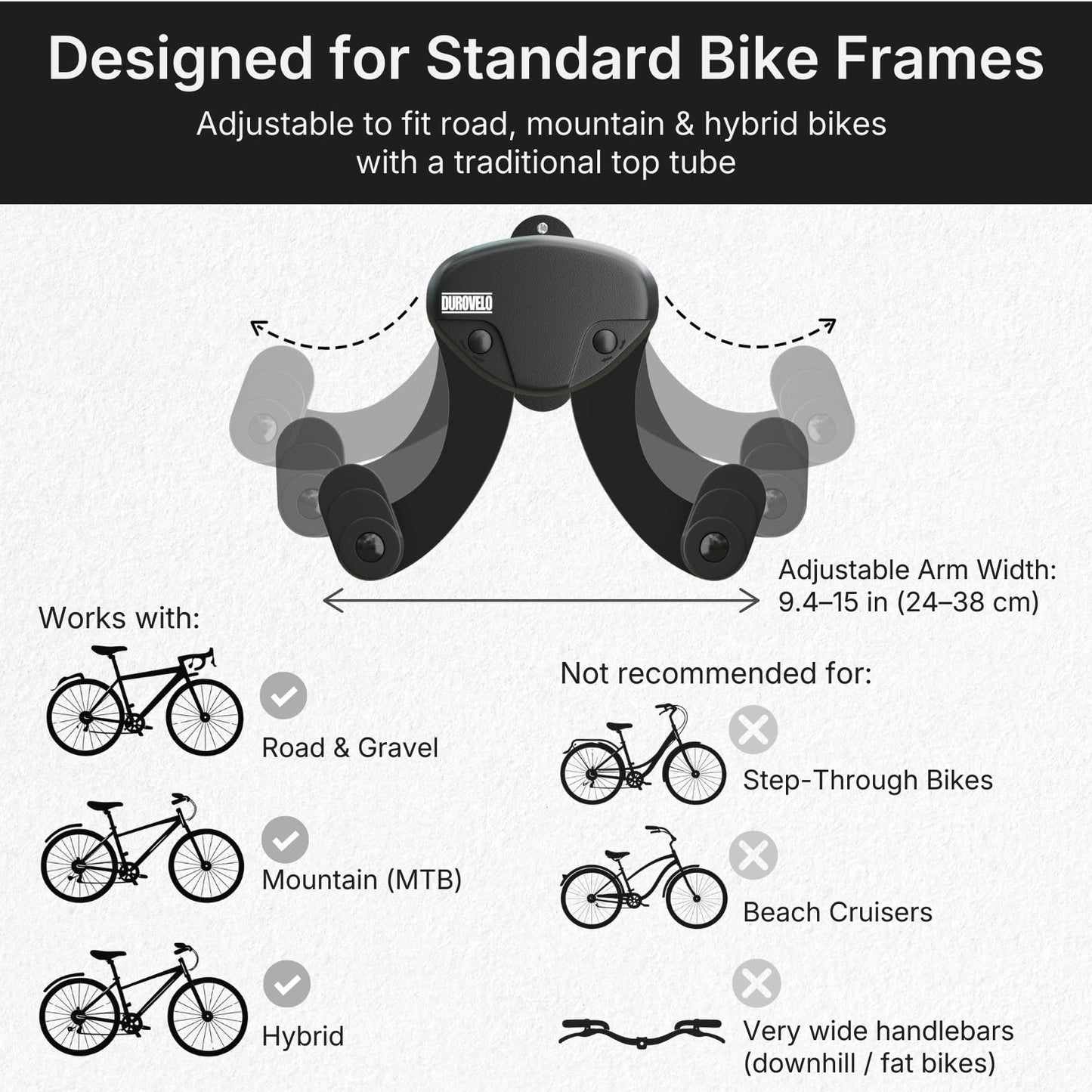 DUROVELO Bike Wall Mount - Horizontal Wall Hanger, Adjustable Design for Road, Mountain and Hybrid Bikes up to 48.5 lbs - Space-Saving Bike Rack for Garage or Apartment - Sturdy Indoor Bicycle Storage