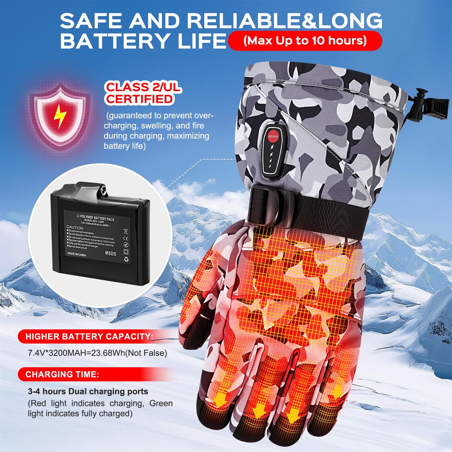 Acroutro Heated Gloves for Men&Women, 5-Temp Settings Camouflage Rechargeable with 7.4V 6400mAh Rechargeable Battery, Waterproof Touchscreen Winter Gloves for Skiing,Motorcycle, Work, Hunting（L）