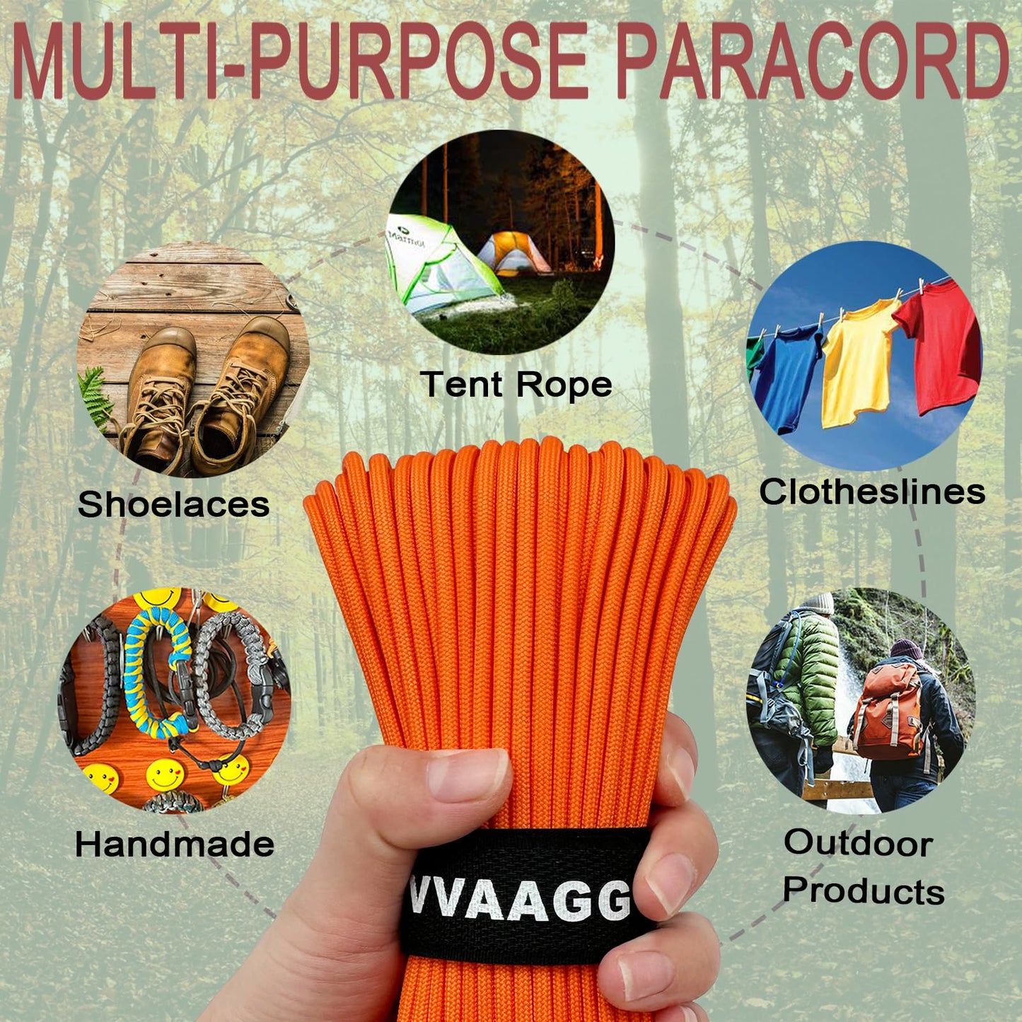 VVAAGG 550 Paracord 100FT - 4mm Lightweight and Durable Camping Rope, Tent Rope, Clothsline Rope, Marine Weatherproof Rope, Nylon Parachute Cord Rope (Orange)