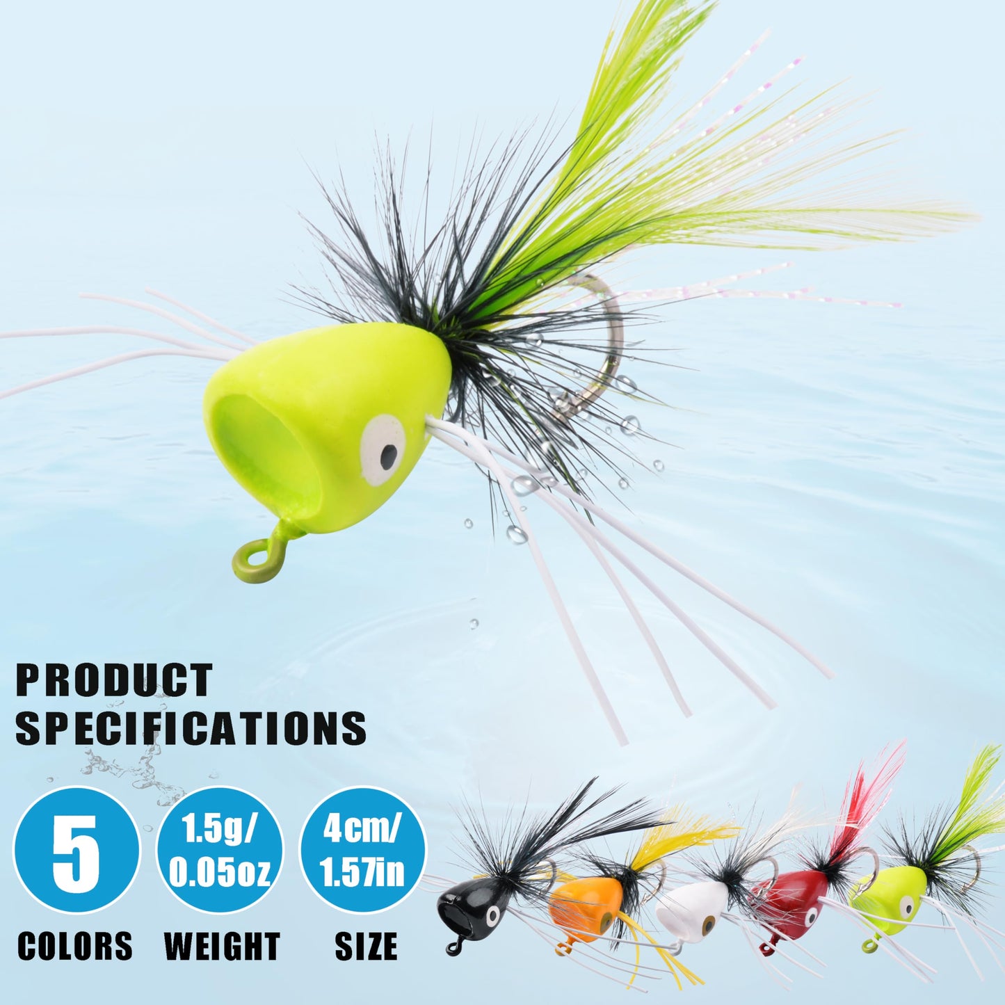 Fly Fishing Popper Flies Kit,15pcs Bass Poppers Lures Dry Flies Fly Fishing Popper Lures Panfish Bluegill Poppers Fly Lure Baits with Hooks for Freshwater Saltwater