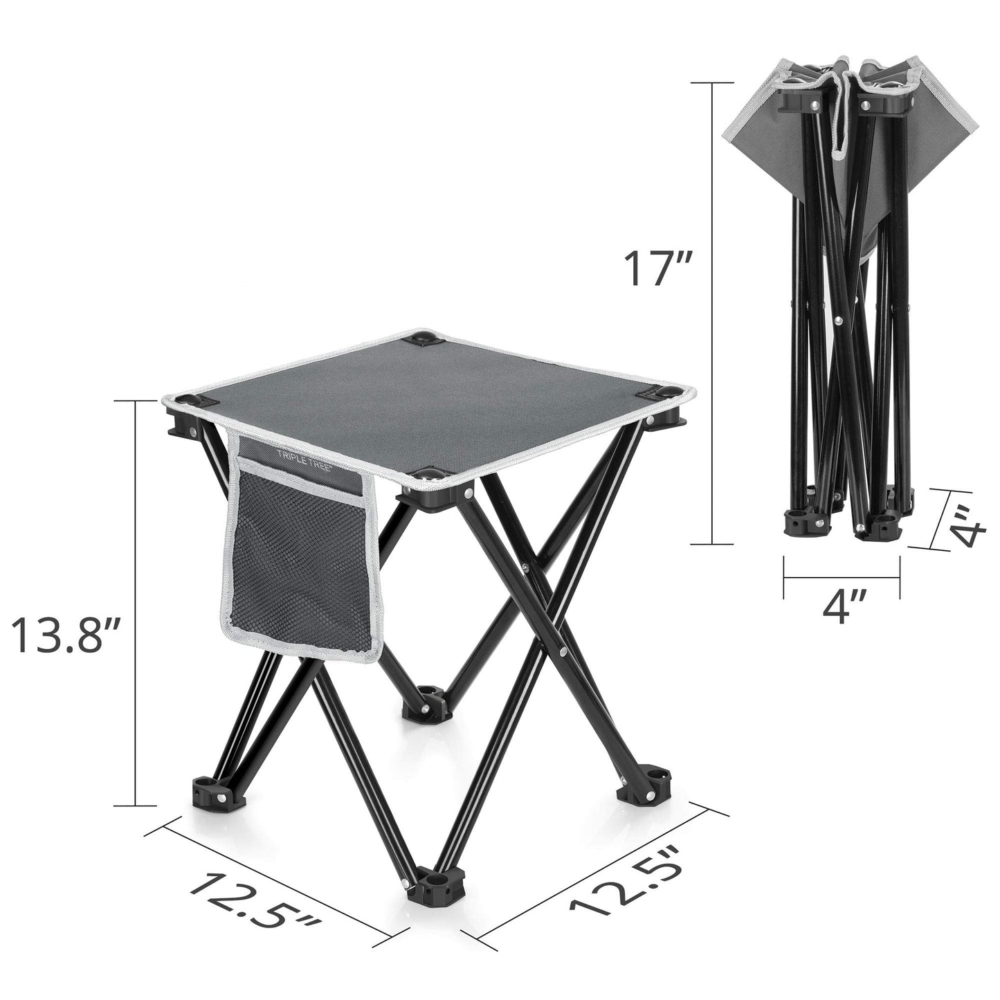 Zaboro Triple Tree 2 Pack Folding Camping Stool, 13.8 Inch Small Portable Lightweight Stool with Side Pocket, Foot Stool with Carry Bag for Hiking, Fishing and Beach, Hold up to 400lbs, Grey