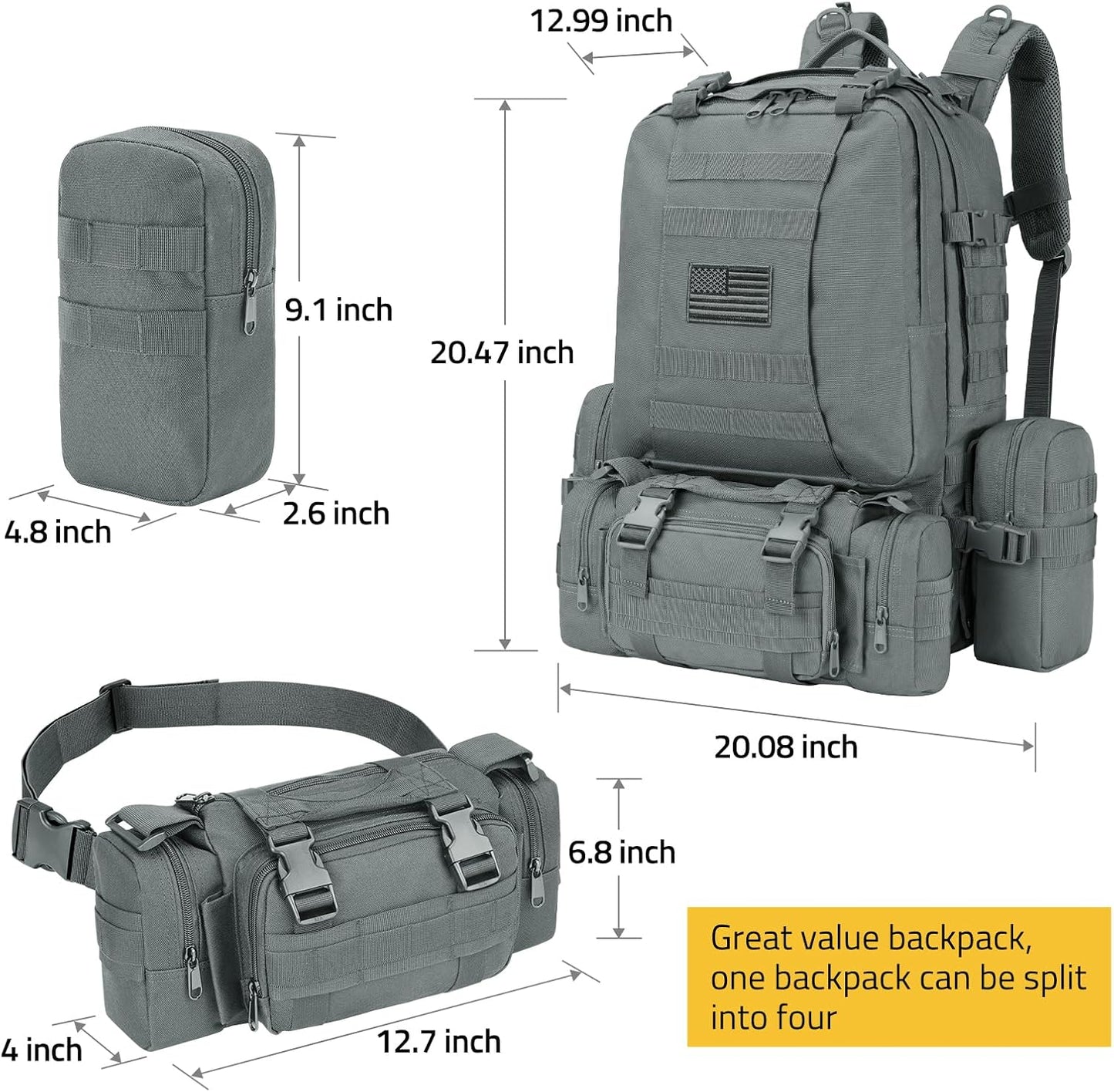Tactical Backpack - 60L Military Army Rucksack with Detachable Molle System | Grey