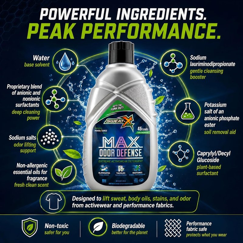 Max Odor Defense Laundry Detergent - Natural Liquid for Activewear & Sensitive Skin | 45 Loads