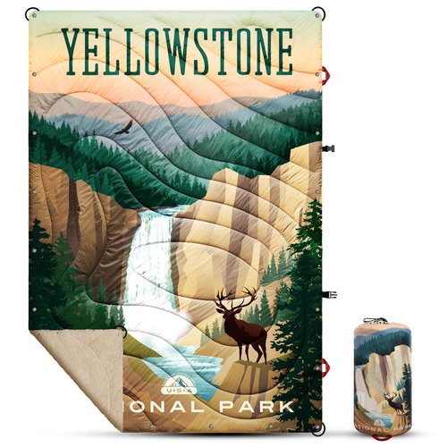 AZITREK Sherpa Puffy Outdoor Blanket for Camping, Traveling, Car, Picnics, Beach, Concert, Stadium Sporting Events - Wearable, Machine Washable, Soft, Warm, Waterproof - 55 X 78 (Yellowstone NP)