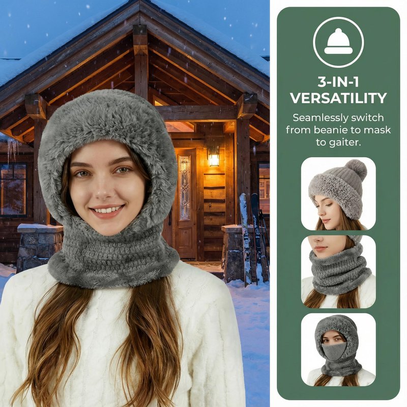 2026 New 3 in 1 Beanie Balaclava for Women, Fleece Lined Winter Hat with Scarf and Ski Mask, Windproof Knit Set (Cream)