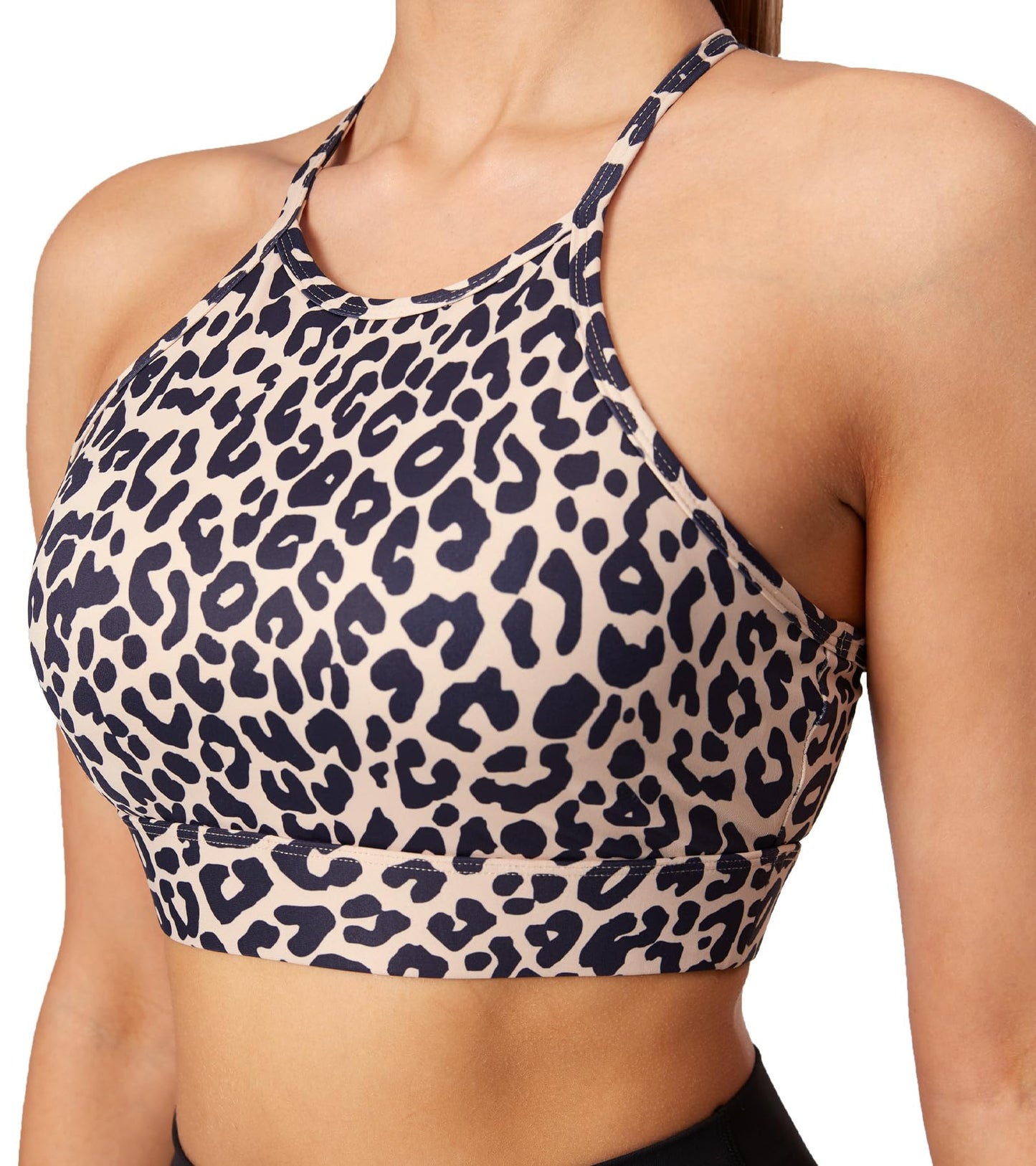 Mustcan Women's High Neck Spaghetti Strap Halter Sports Bra Racerback Y Back Yoga Bra Fitness Workout Crop Tank Bra-Brown Leopard