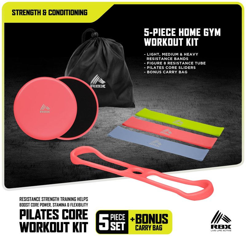 RBX 5 Piece Home Gym Workout Kit - Light, Medium, Heavy Resistance Bands, Figure 8 Resistance Tube, Pilates Core Sliders & Carry Bag