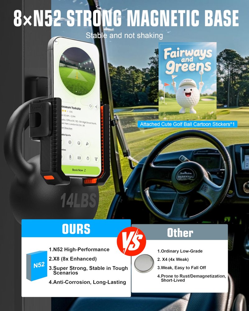 XEEP 2026 Magnetic Golf Cart Phone Holder 8pcs N52 Magnets, 360° Rotation, One-Touch Lock, Compatible with EZGO/Club Car/Yamaha, Golf Cart Cell Phone Holder for All 4.5-7" Smartphones