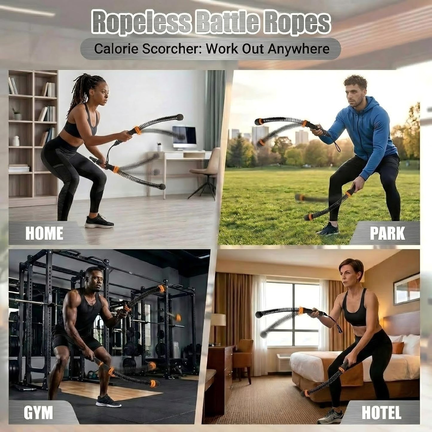 Ropeless Battle Ropes - 2 PCS Portable Cordless Set with Non-Slip Handles | Low-Noise HIIT & Strength Training Equipment for Home Gym