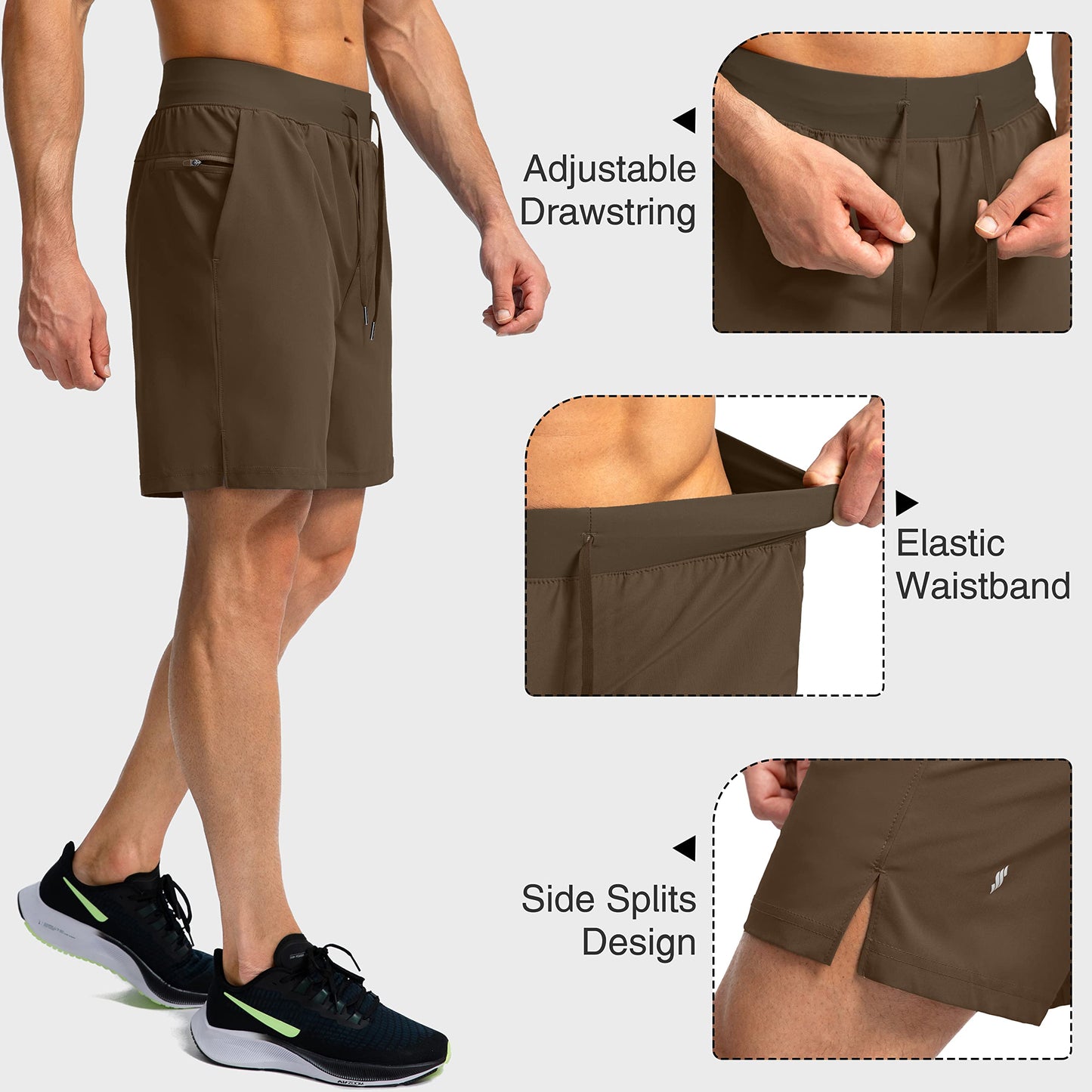 Soothfeel Men's Running Shorts with Zipper Pockets 7 Inch Lightweight Quick Dry Gym Athletic Workout Shorts for Men (Brown, 3XL)