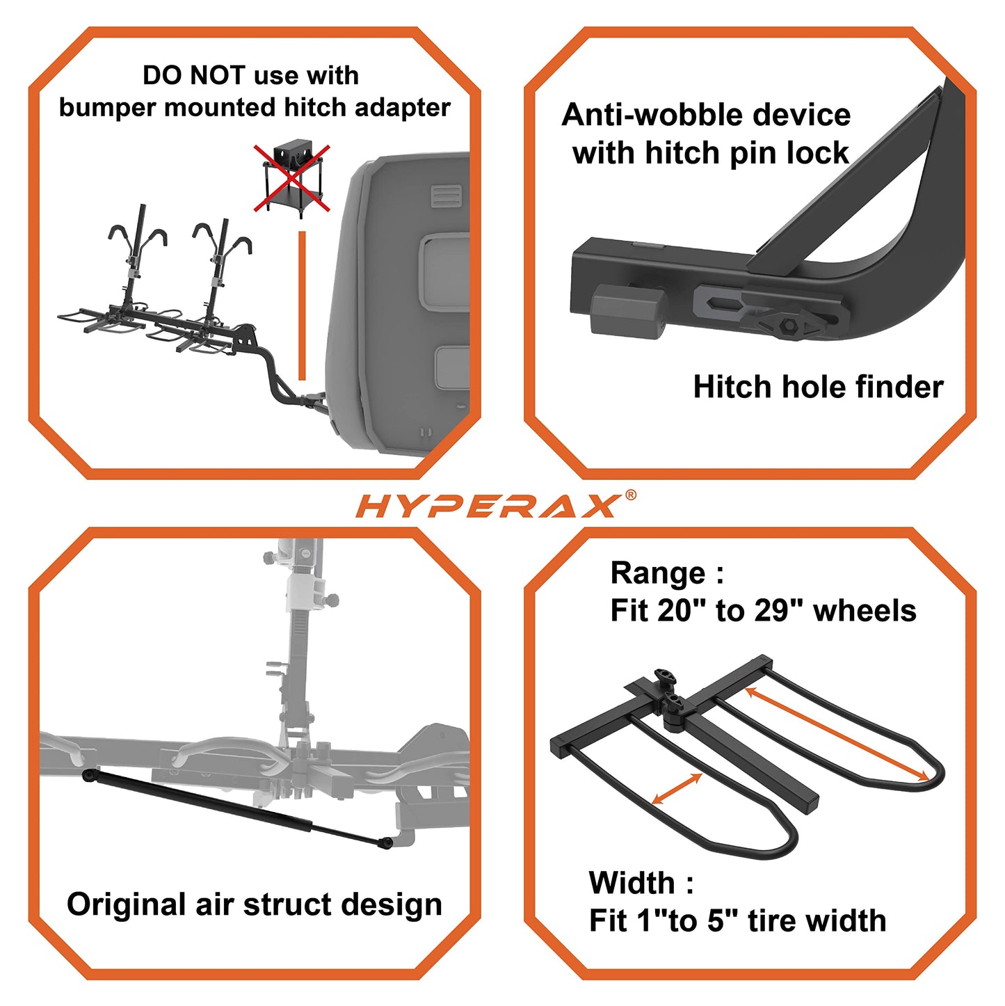 HYPERAX Volt RV 4X - RV Approved Hitch Mounted 4 Bike Rack Carrier for RV, Camper, Trailer,Motorhome, Toad with 2" Class 3 or Higher Hitch Fits Up to 2x75lb E Bike +2X50lb Bikes with Up to 5" Fat Tire