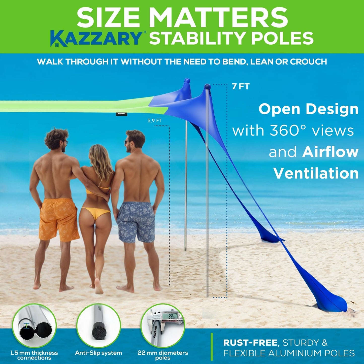 KAZZARY Beach Tent, UPF50+ 10x10 ft Sun Shade Canopy with Sandbags, 4 Stability Poles, Ground Pegs, Flying Disc Sand Shovel. Lightweight Sunshade Shelter, 7ft Tall for Camping Outdoor Trips and Sports