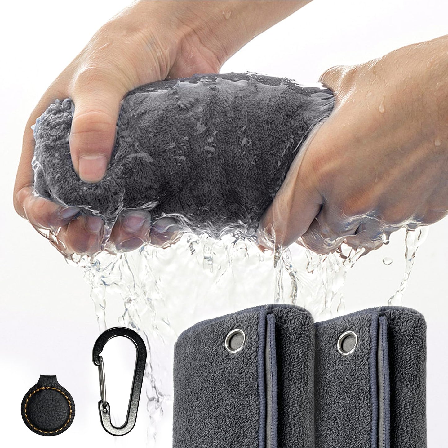 Gismelio Magnetic Golf Towel | Double-Sided Coral Velvet Thickened Towel (Grey, 2Pcs with Carabiner Clip & Magnet)