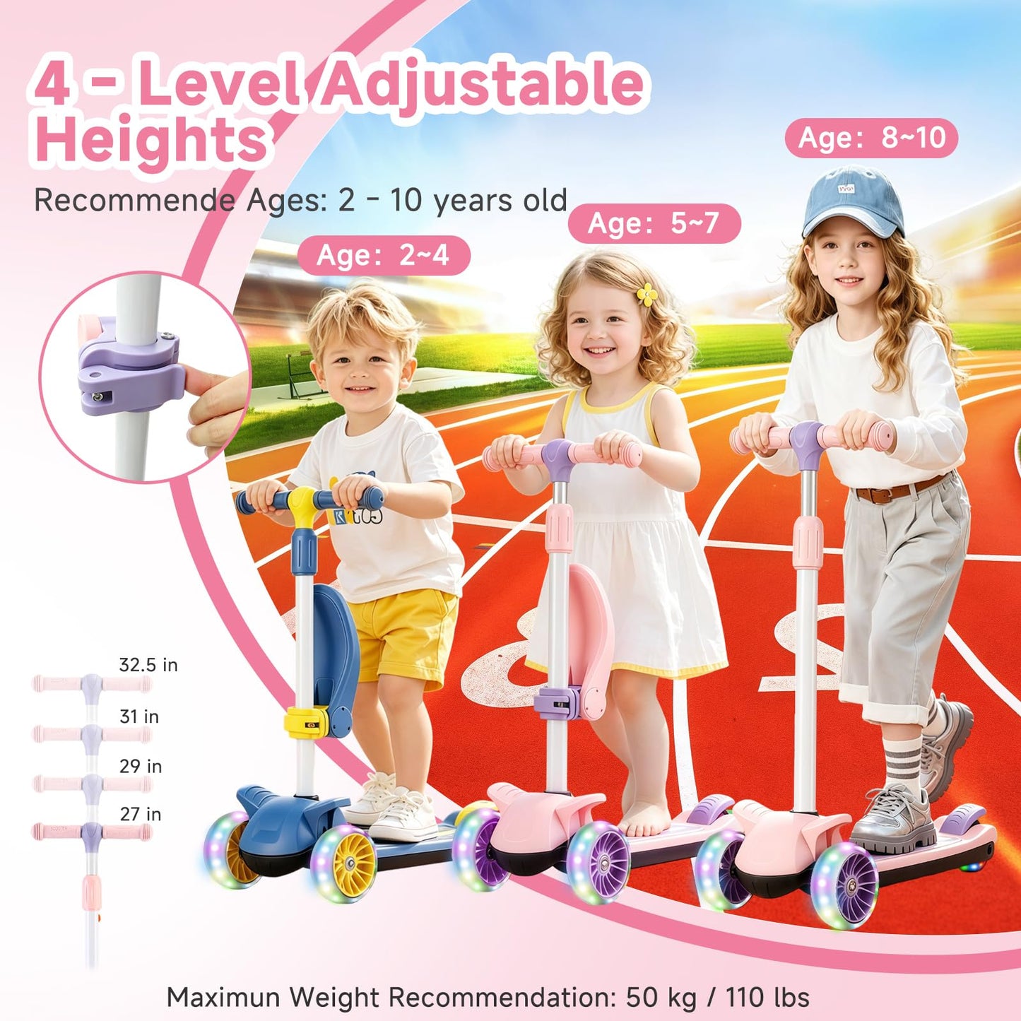 Wheelive 2 in 1 Kids Scooter with Removable Seat, Light up 3 Wheels Kick Scooter with 4 Adjustable Height Toddler Scooters Sit or Stand Ride for Boys & Girls 2-10 Years Old（Pink）