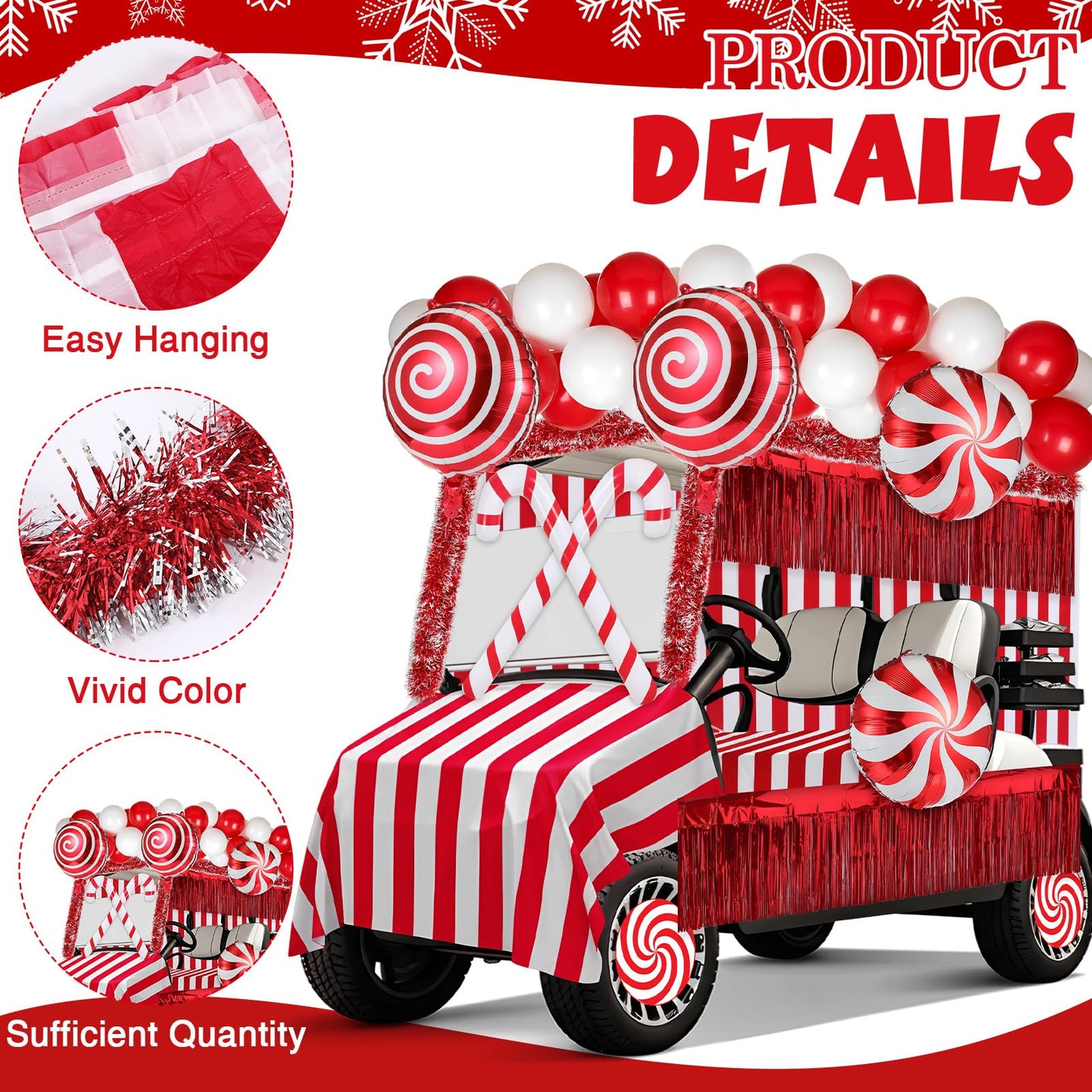 Soulchen 75 Pcs 82 Pcs Christmas Parade Golf Cart Decoration Kit Candy Theme Balloons Garland Arch Fringe Curtains Tinsel Garland Candy Cane PVC Decor for Xmas Golf Cart Party Supplies Decor (Classic)