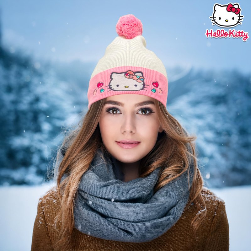 Hello Kitty Beanie Cap for Women | Hello Kitty Hat for Girls | Sanrio Winter Cap | Sanrio Pom Pom Hats | Kawaii Cat Winter Knit Hats | One Size | Pink | Officially Licensed