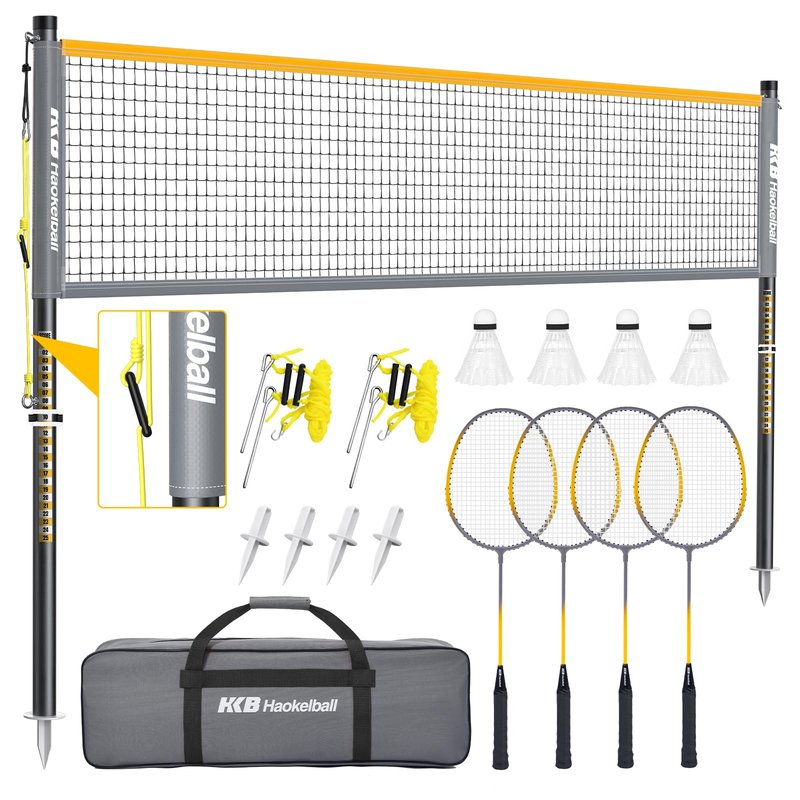 Haokelball Outdoor Badminton Net Set with Anti-Sag Winch System - 20ft Badminton Net, 4 Rackets, 3 Shuttlecocks & Carry Bag, Badminton Set for Backyard, Grass, Beach, Holiday Games
