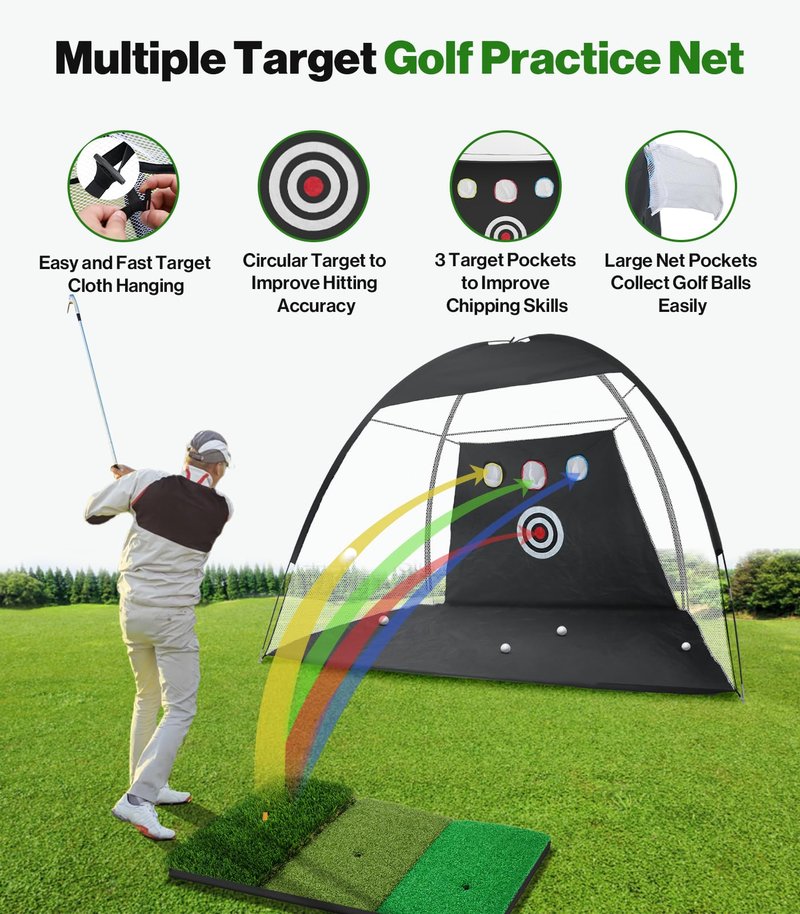 Golf Net: 10 x 7ft Golf Hitting Practice Nets for Backyard Driving, Indoor & Outdoor Chipping Swing Training Net with Mat, Targets & Balls, Ideal for Men Dad Husband Boys Golfers