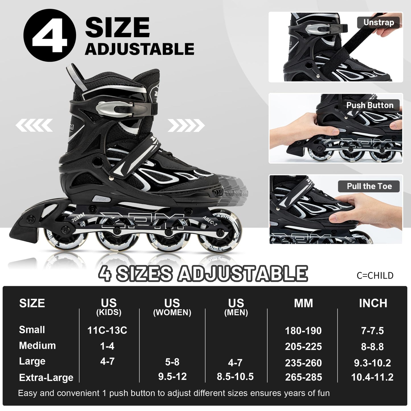 2PM SPORTS Vinal Girls Adjustable Flashing Inline Skates, All Wheels Light Up, Fun Illuminating Skates for Kids and Men - Sliver M