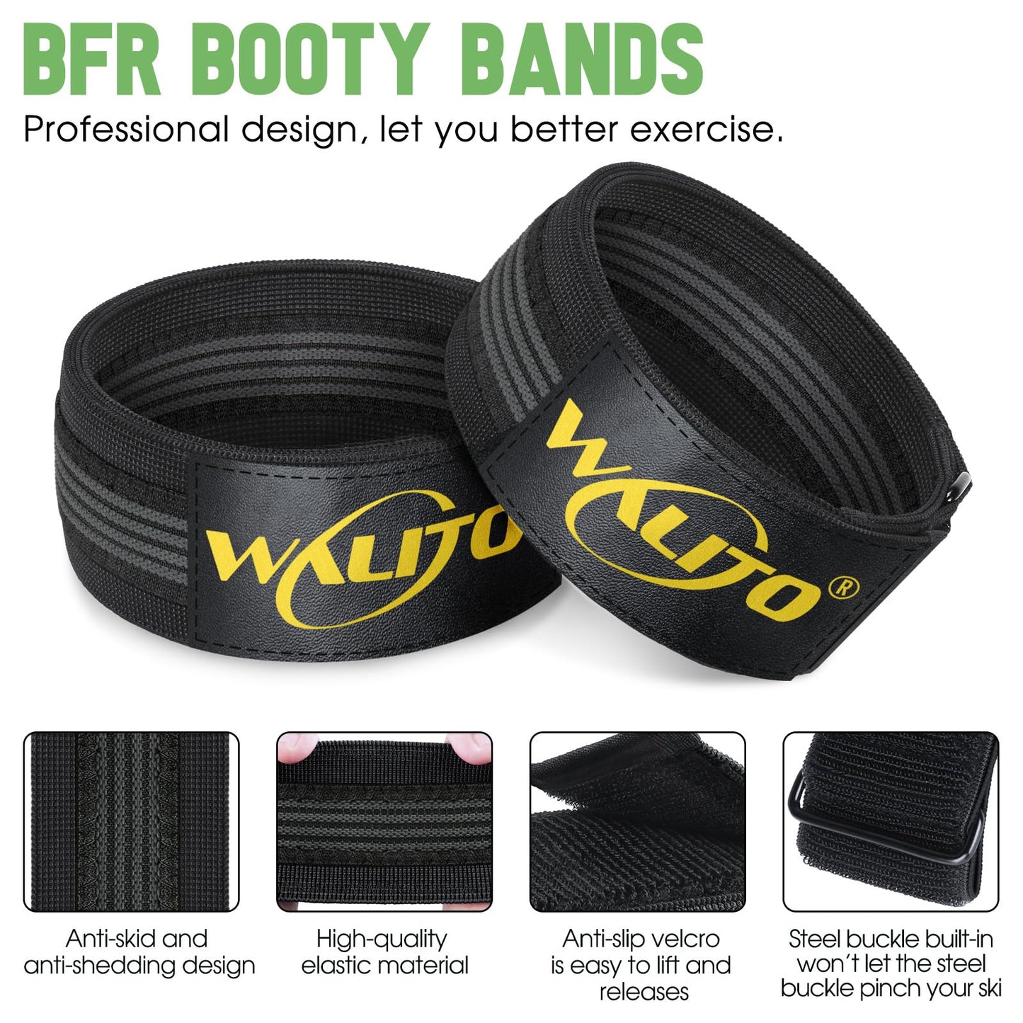 Booty Bands for Women Glutes - BFR Blood Flow Restriction Bands with Weekly Plan for Legs, Butt & Hip Building, Occlusion Bands for Workouts, Fabric Bands for Squat Butt & Thigh (Black Yellow Bands)