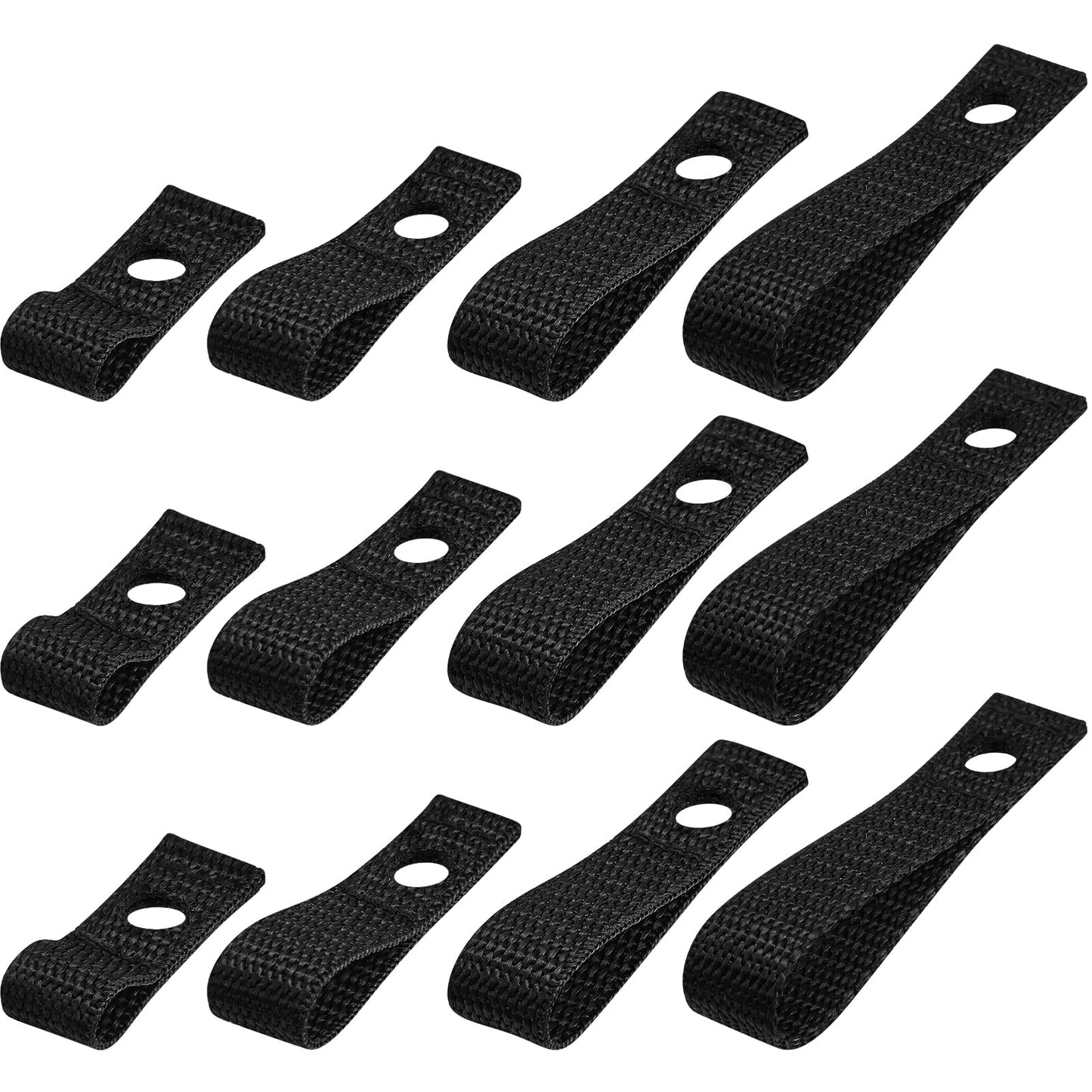 12 Pcs Soft Loops Motorboat Cleats Quick and Secure Nylon Strap Kayak Tie Down Straps Hood Loop Straps Kayak Anchor Strap for Docking Bumper Kayak, 1.8'' 2.3'' 2.8'' 3.3'' Long 0.6'' Wide (Black)