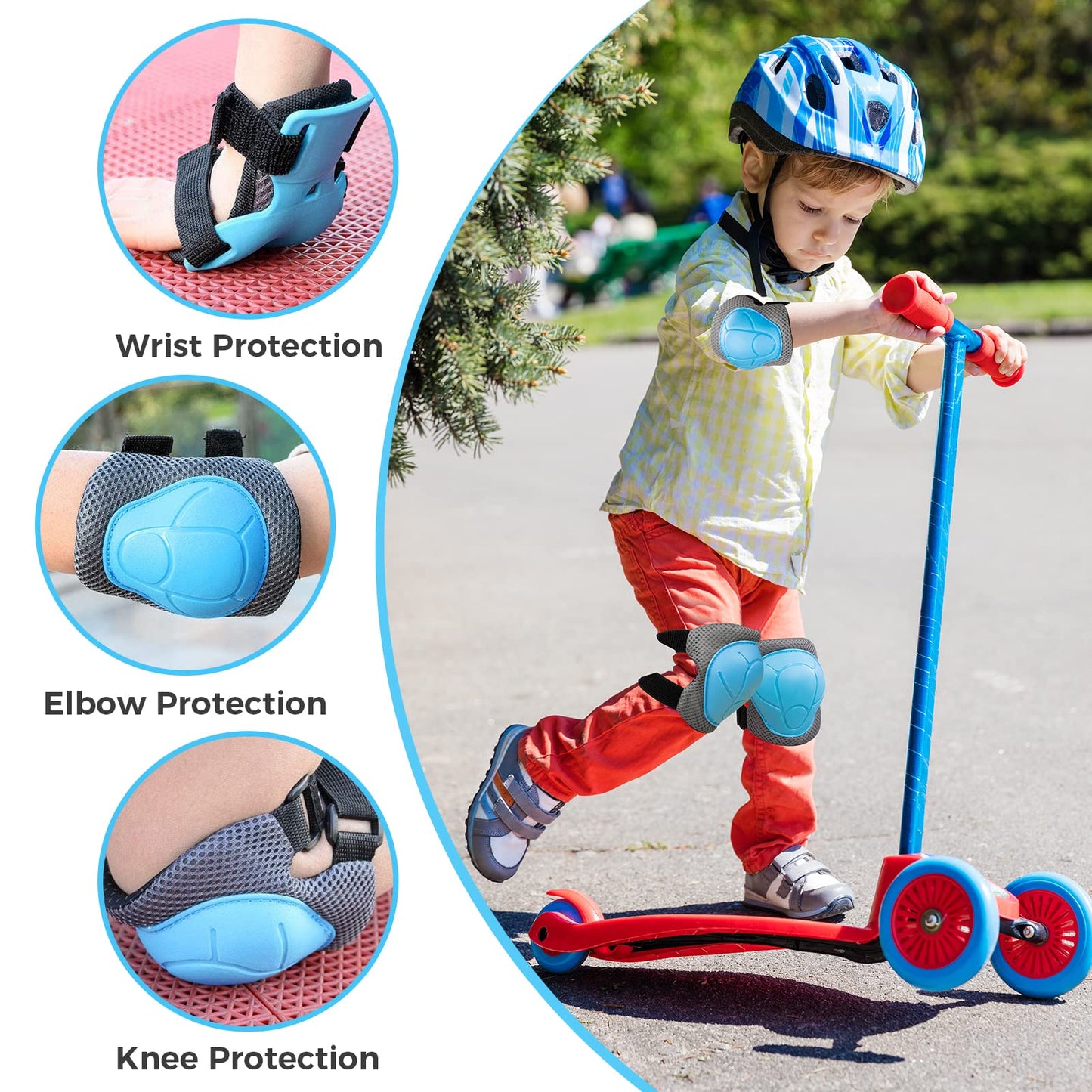 BOSONER Basic Kids Protective Gear: Kids Knee Pads and Elbow Pads with Wrist Guards Set for 3-15 Years - Design for Roller Skates, Cycling, BMX Bike, Skateboard, Inline Skating, Scooter Riding Sports