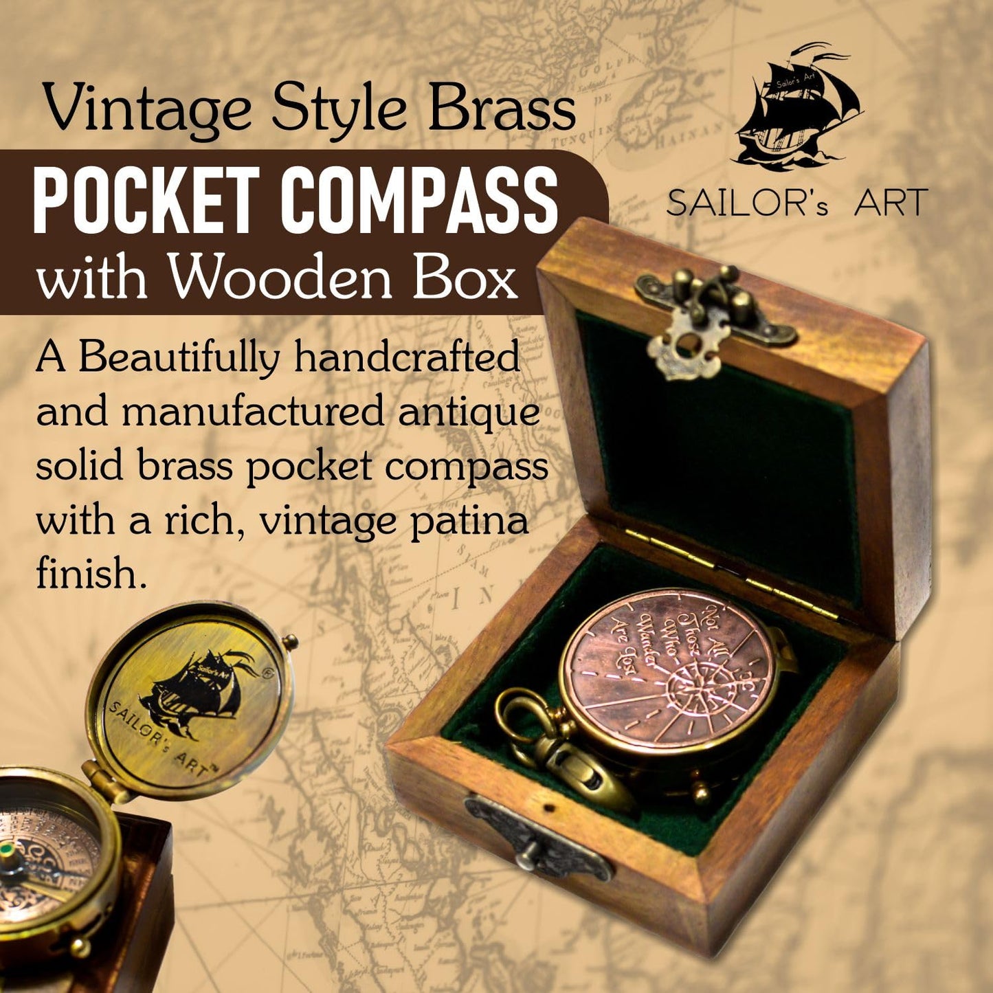 Sailor's Art Vintage Style Brass Pocket Compass with Wooden Box, Quote Engraved, Gifts for Kids Children Teen Family, Nautical Navy Compass, Baptism Gifts, Confirmation Gifts