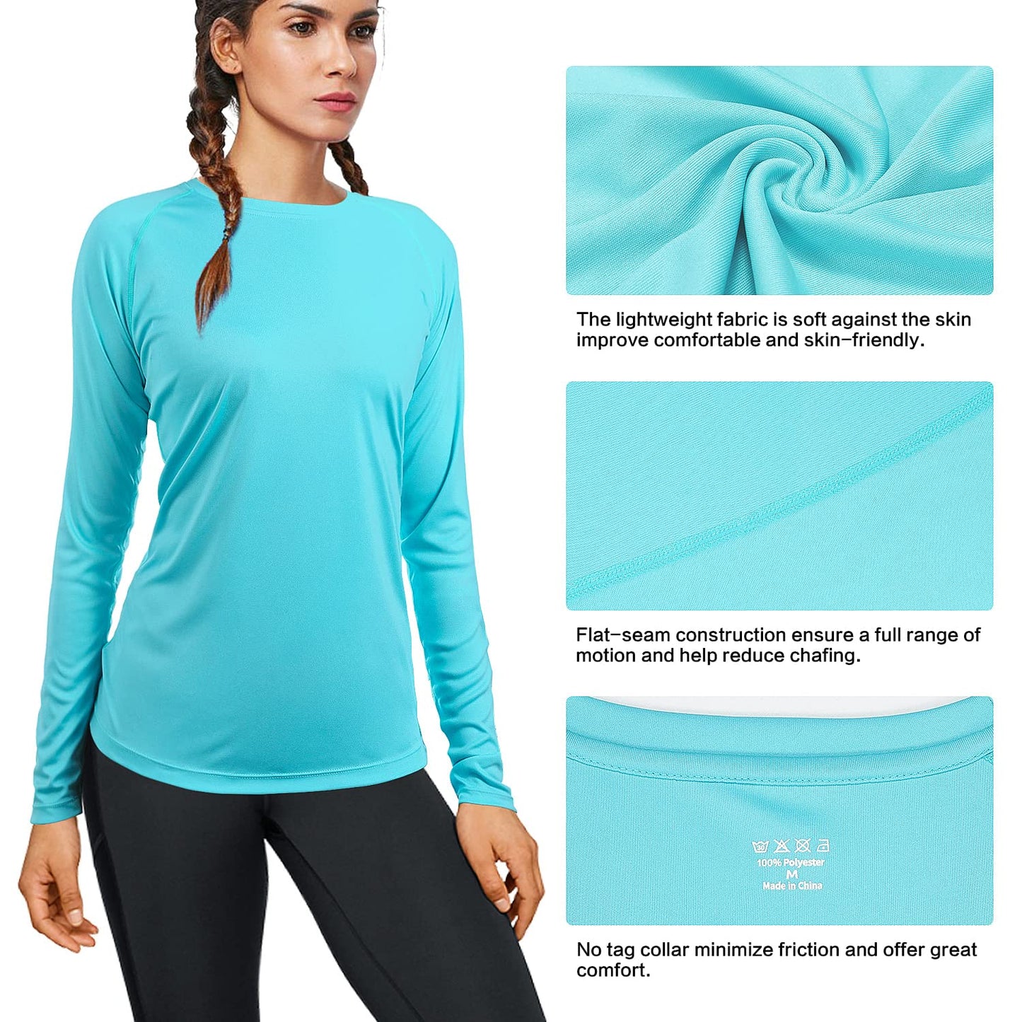 isnowood Women's Sun Protection Long Sleeve Shirts, UPF 50+ UV Rash Guard Swim Shirt, Workout Hiking Running Athletic Tops Blue