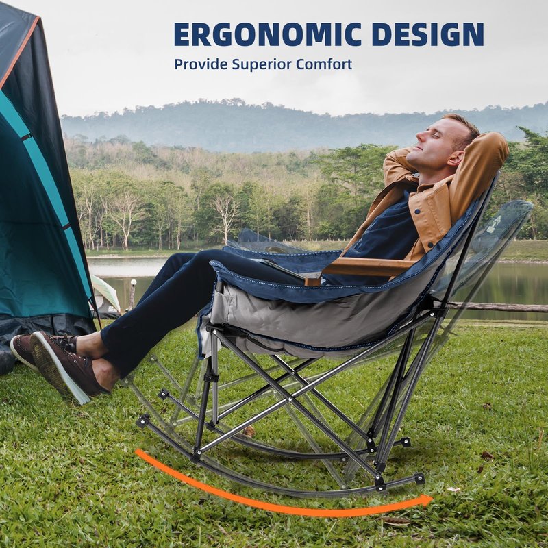 Foristrail Oversized Rocking Camping Chair for Adults - 400lbs Capacity Padded Camp Chair with Cup Holder, Portable Foldable Outdoor Rocker Chair for Camping, Backyard (Blue & Dark Gray, 1 PCS)