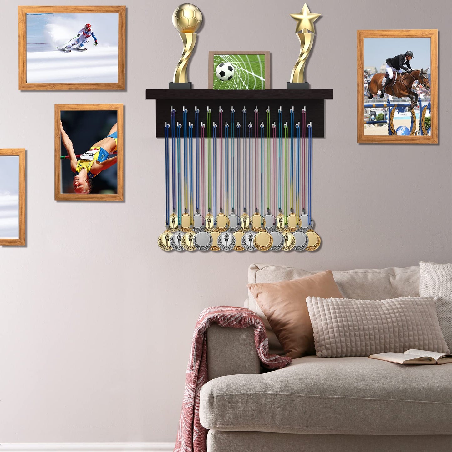 Purbambo Medal Hanger Display, Trophy Shelf with 25 Steel Hooks, Wall Mount Medals Holder for Gymnastics, Soccer, Running Awards - Dark Brown